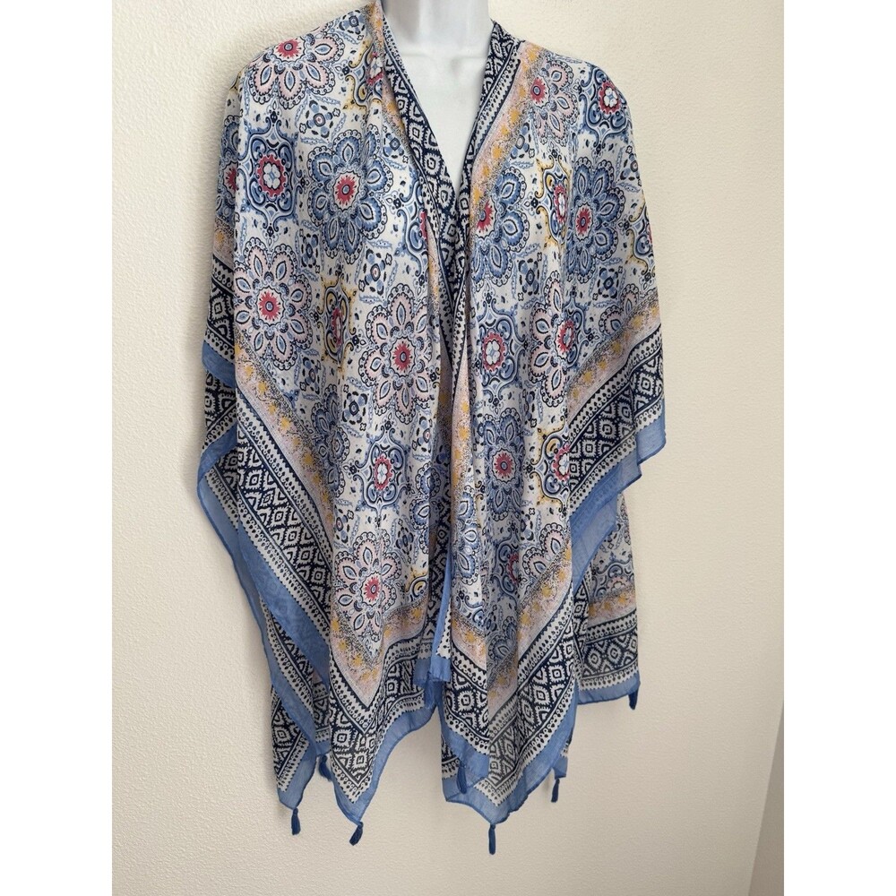 Mark & Hall Open Front Kimono Floral Boho Blue White One Size Beach Festival
